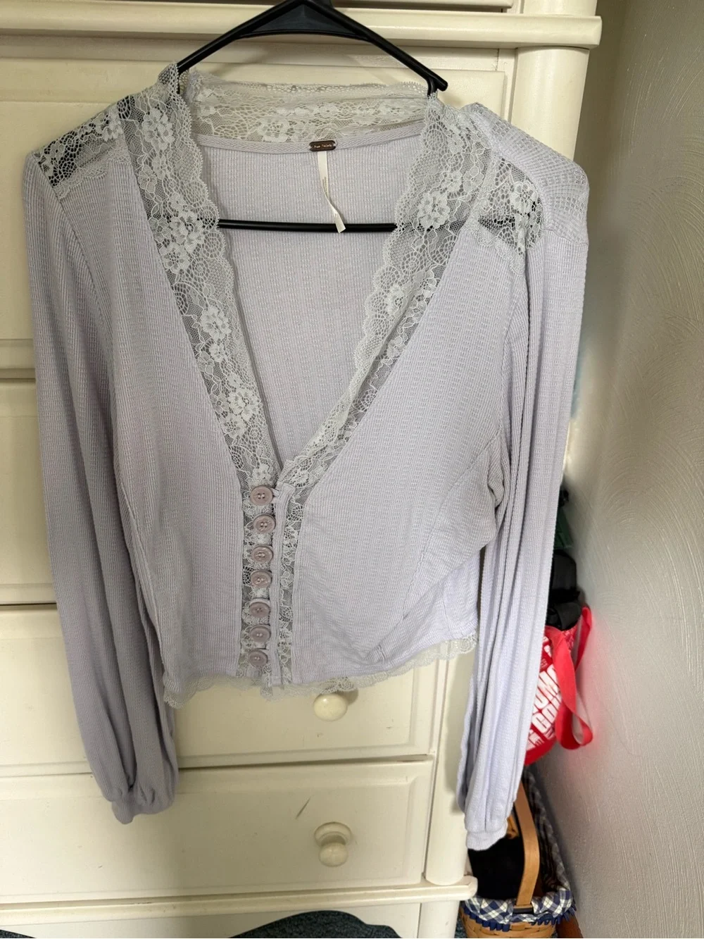 Free People Lace-Trim V-Neck Long Sleeve Top in Light Lavender